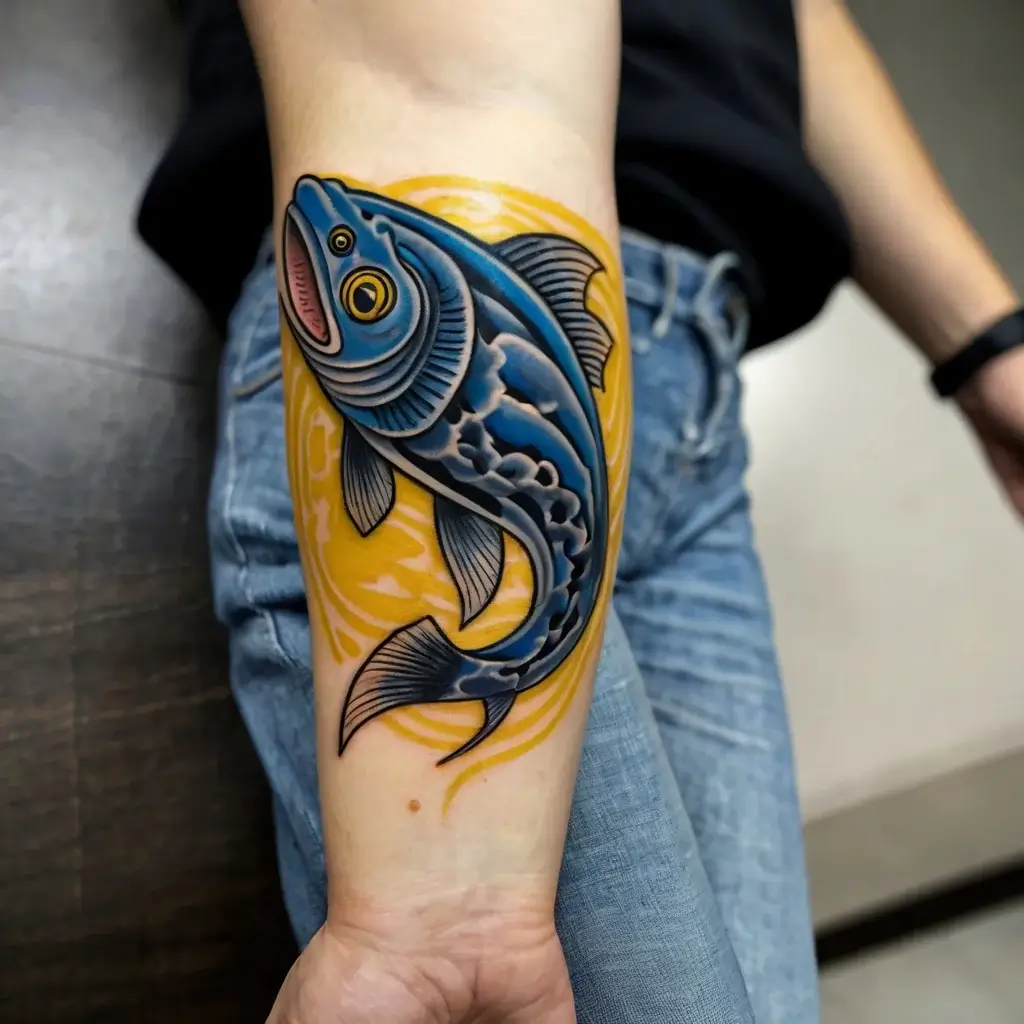 Blue koi fish tattoo with dynamic yellow swirl background on forearm, symbolizing strength and perseverance.