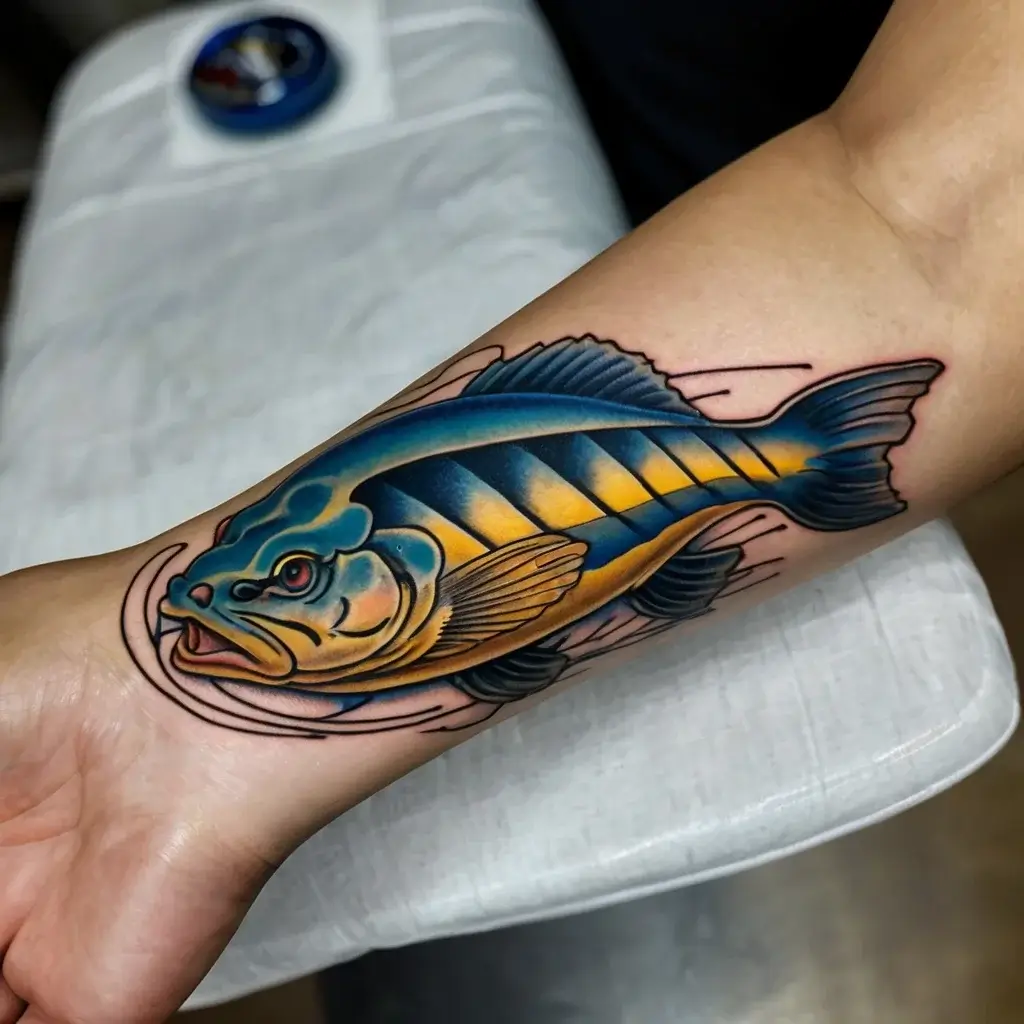 Tattoo of a vibrant blue and yellow fish on an arm, featuring bold outlines and dynamic shading for a striking effect.