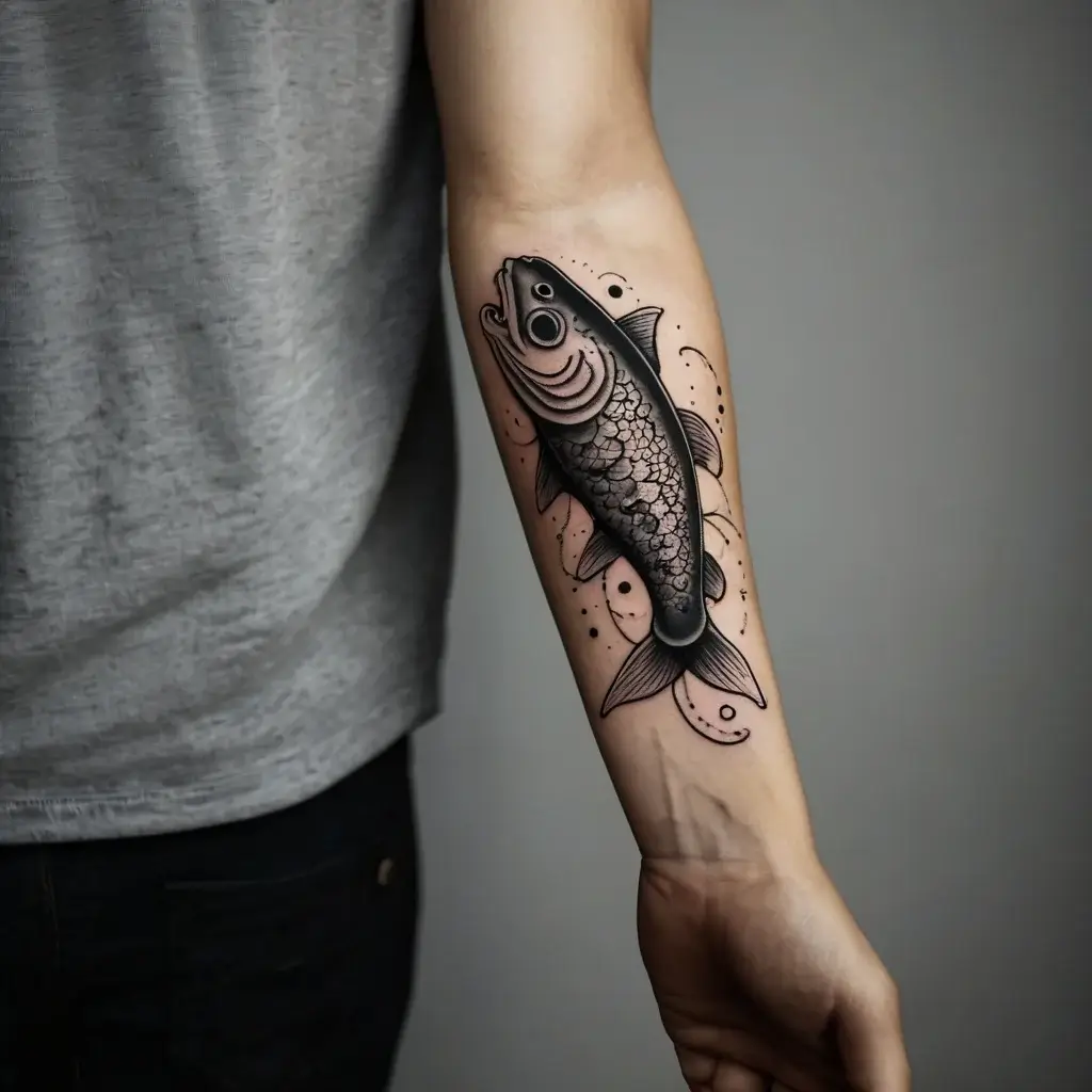 Realistic koi fish tattoo on forearm, with intricate scales and dynamic water swirl accents, symbolizing strength and perseverance.