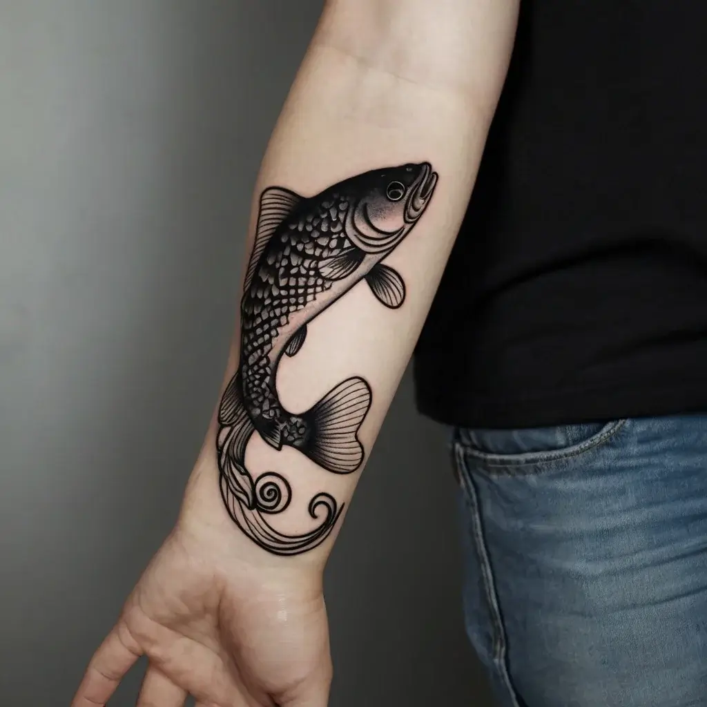 Tattoo of a detailed koi fish on forearm, symbolizing perseverance and strength, with intricate scales and flowing fins.