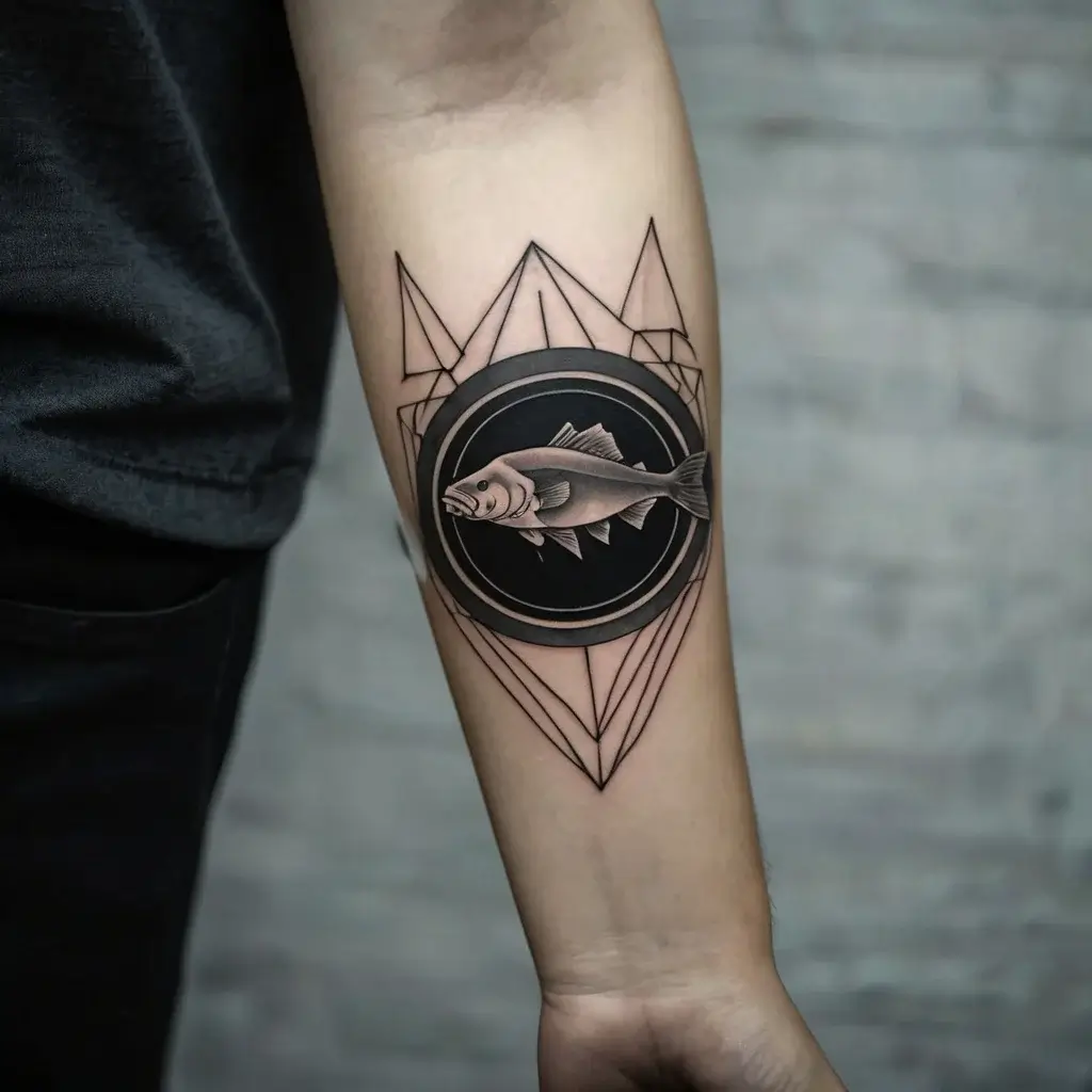 Tattoo of a fish inside a black circle with abstract geometric lines, combining realism and modern design on the forearm.