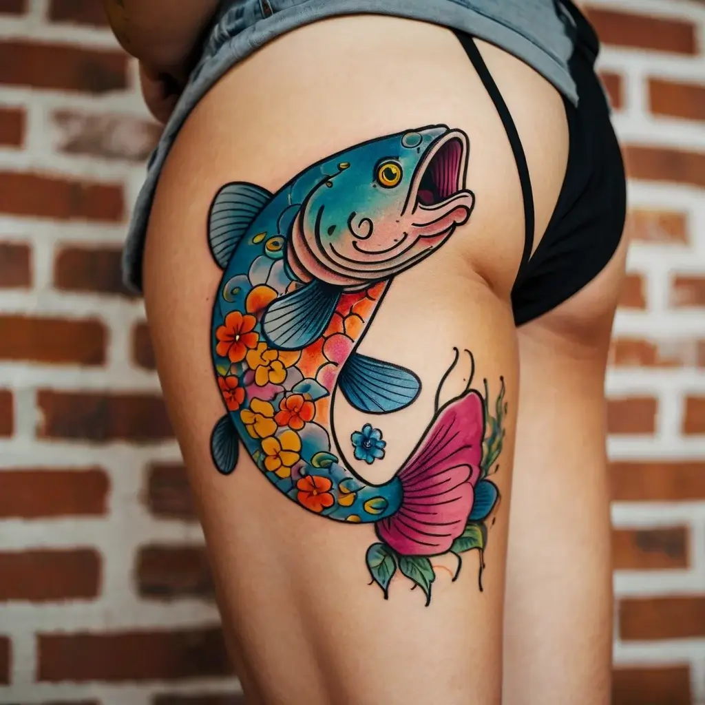 Colorful koi fish tattoo on thigh, with floral patterns in orange, blue, and pink, symbolizing luck and perseverance.