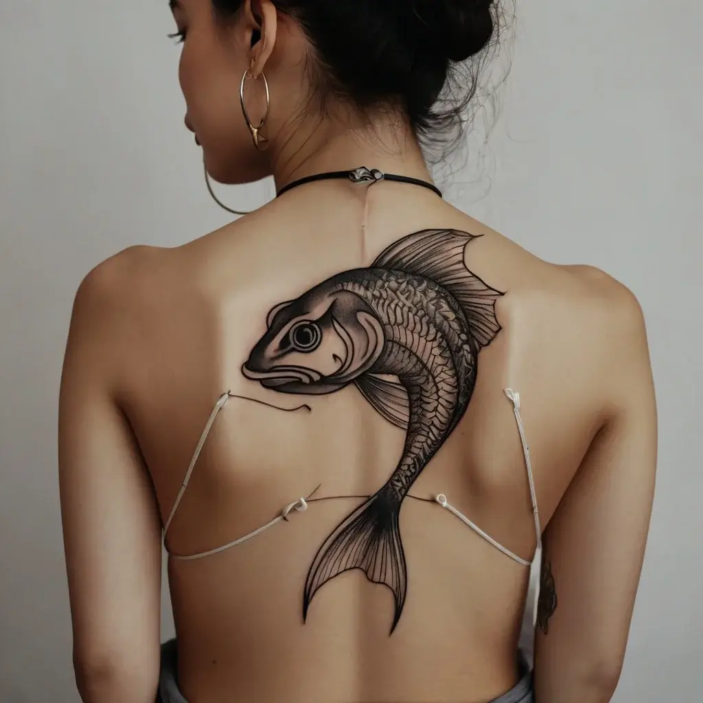 Large black and gray fish tattoo on the back, featuring detailed scales and fins, elegantly wrapping across the spine.