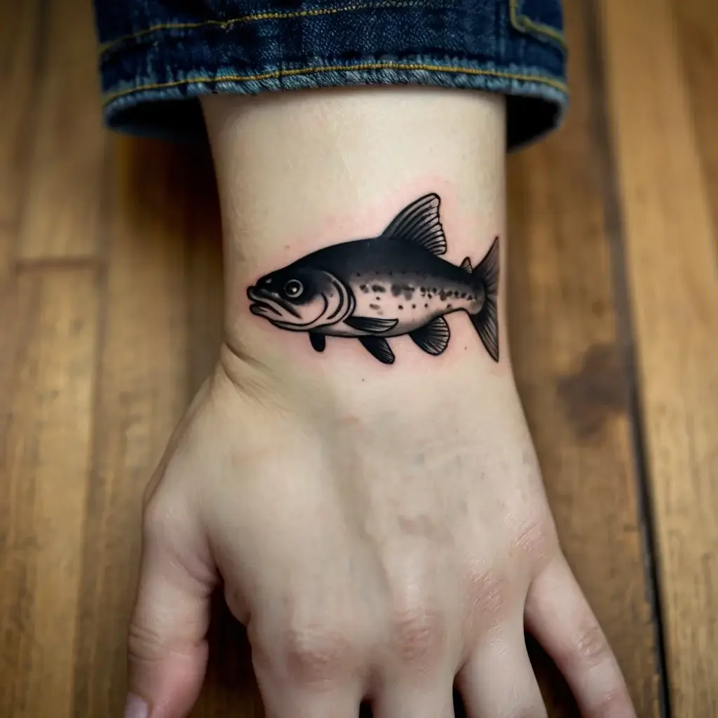 Tattoo of a detailed black and gray fish on the wrist, showcasing shading and fine line work.