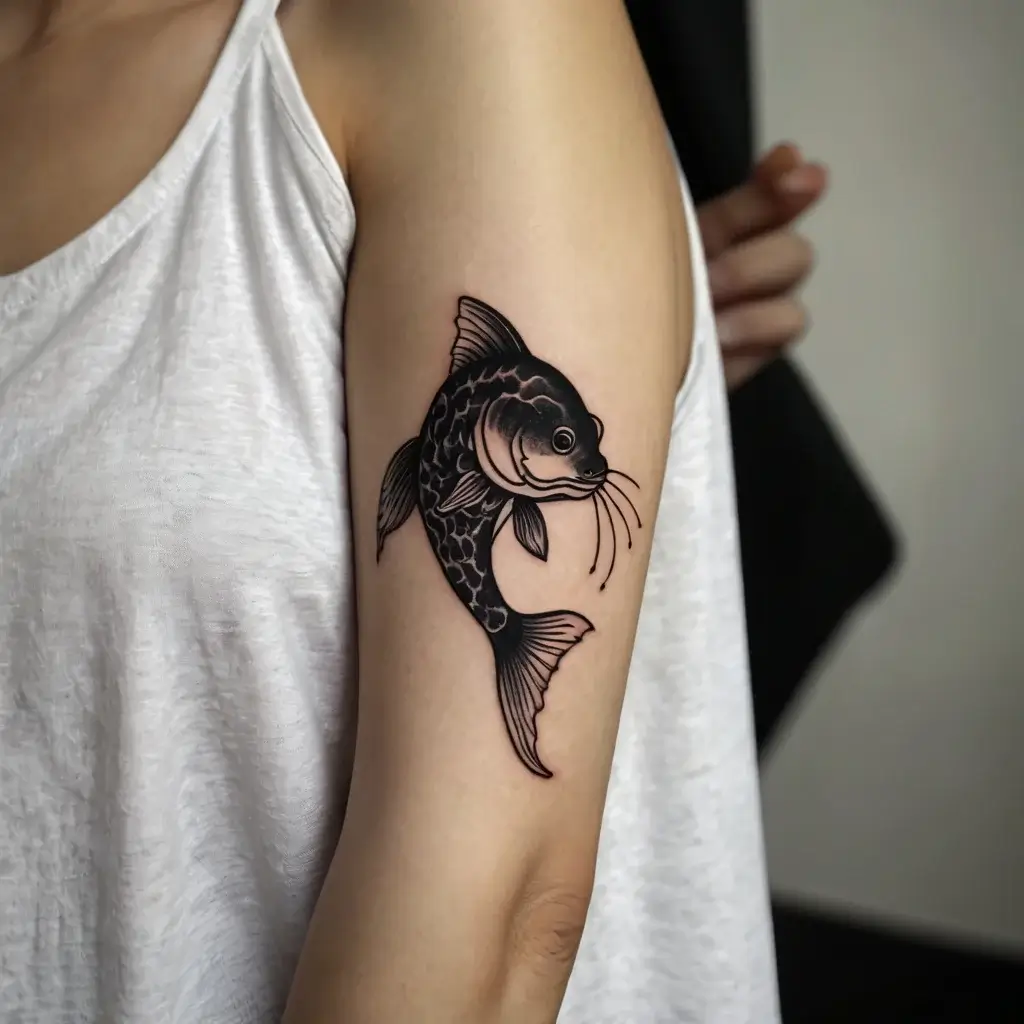 Tattoo of a black koi fish with intricate detailing, symbolizing perseverance, inked on upper arm.