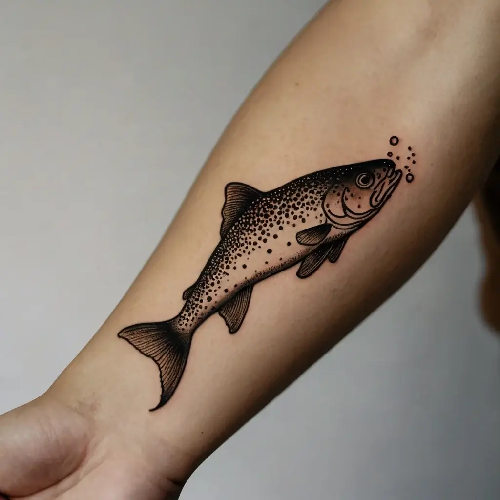 Tattoo of a detailed fish with fine lines and dots on an arm, exhaling bubbles, showing movement and life-like realism.