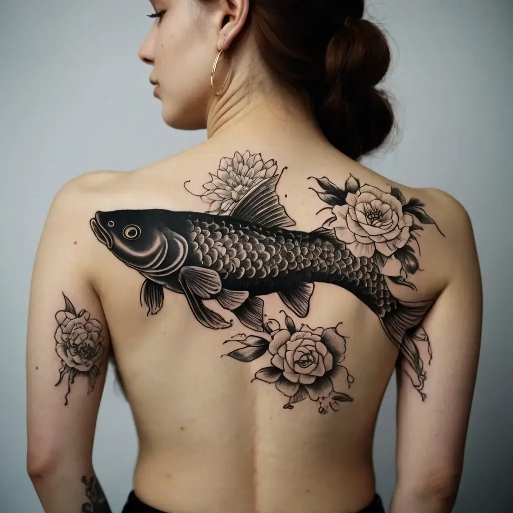 Back tattoo of a koi fish adorned with roses, symbolizing strength, perseverance, and beauty in intricate black and gray ink.