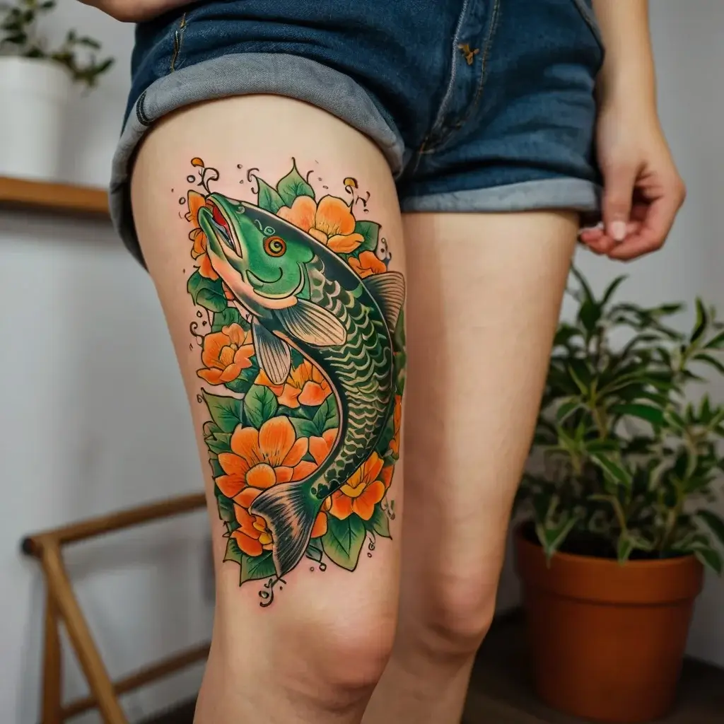 Thigh tattoo of a koi fish with vibrant green and orange hues, surrounded by blooming orange flowers and decorative swirls.