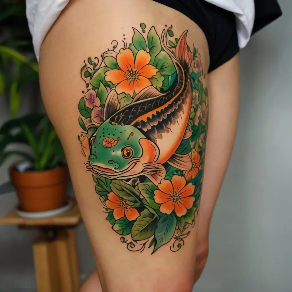 Vibrant koi fish tattoo surrounded by orange flowers and green leaves, symbolizing strength and perseverance.