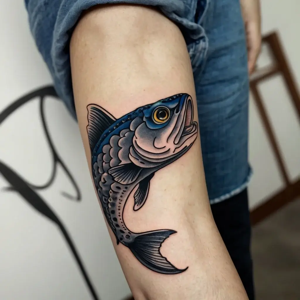 Colorful fish tattoo on forearm, featuring bold outlines and detailed shading with blue and grey tones.