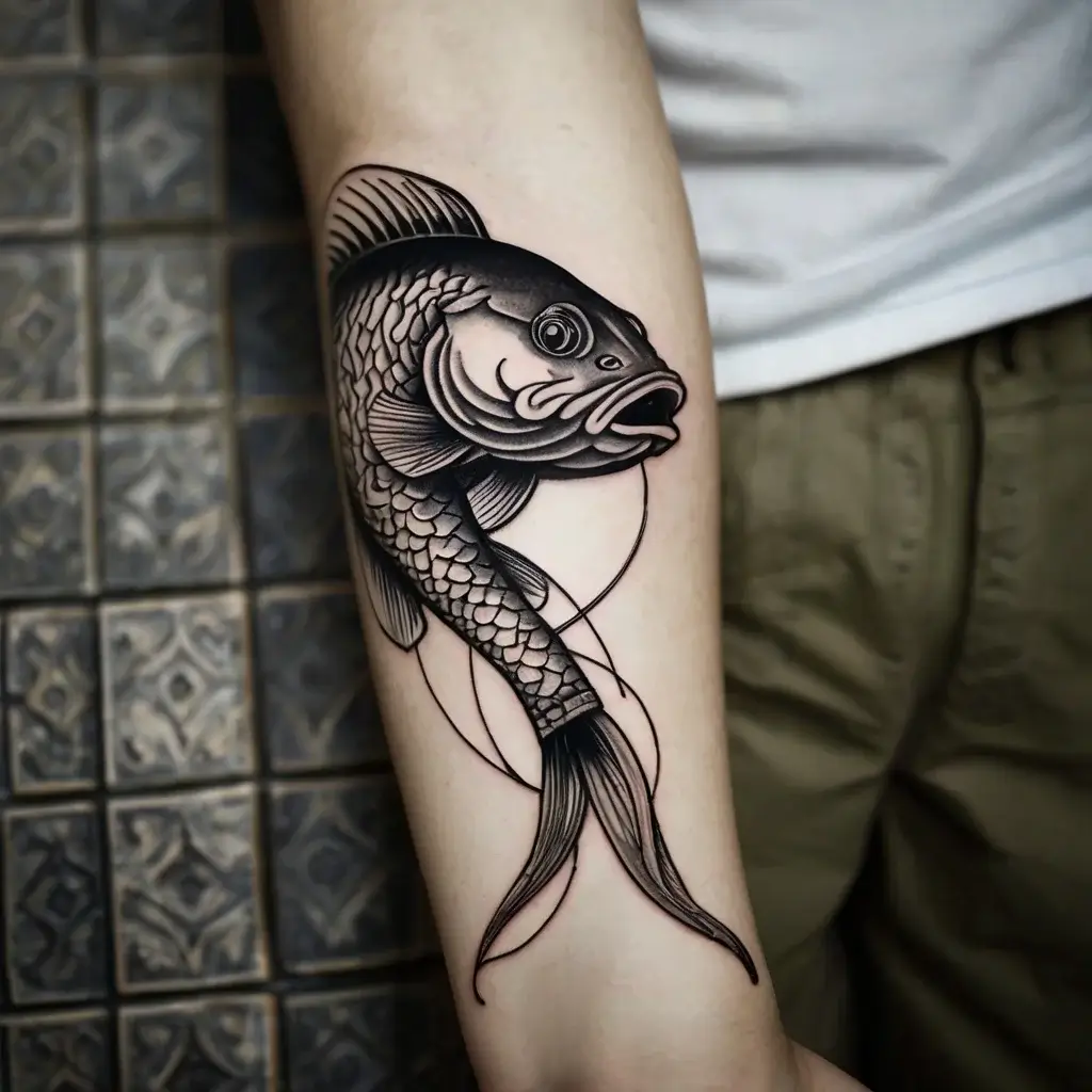 Black and grey koi fish tattoo on arm, featuring intricate scales and flowing fins with geometric circles.