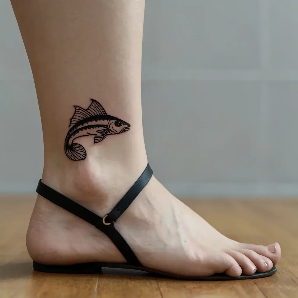 Black ink fish tattoo on ankle, showcasing fine linework and shading, representing freedom and adaptability in water.