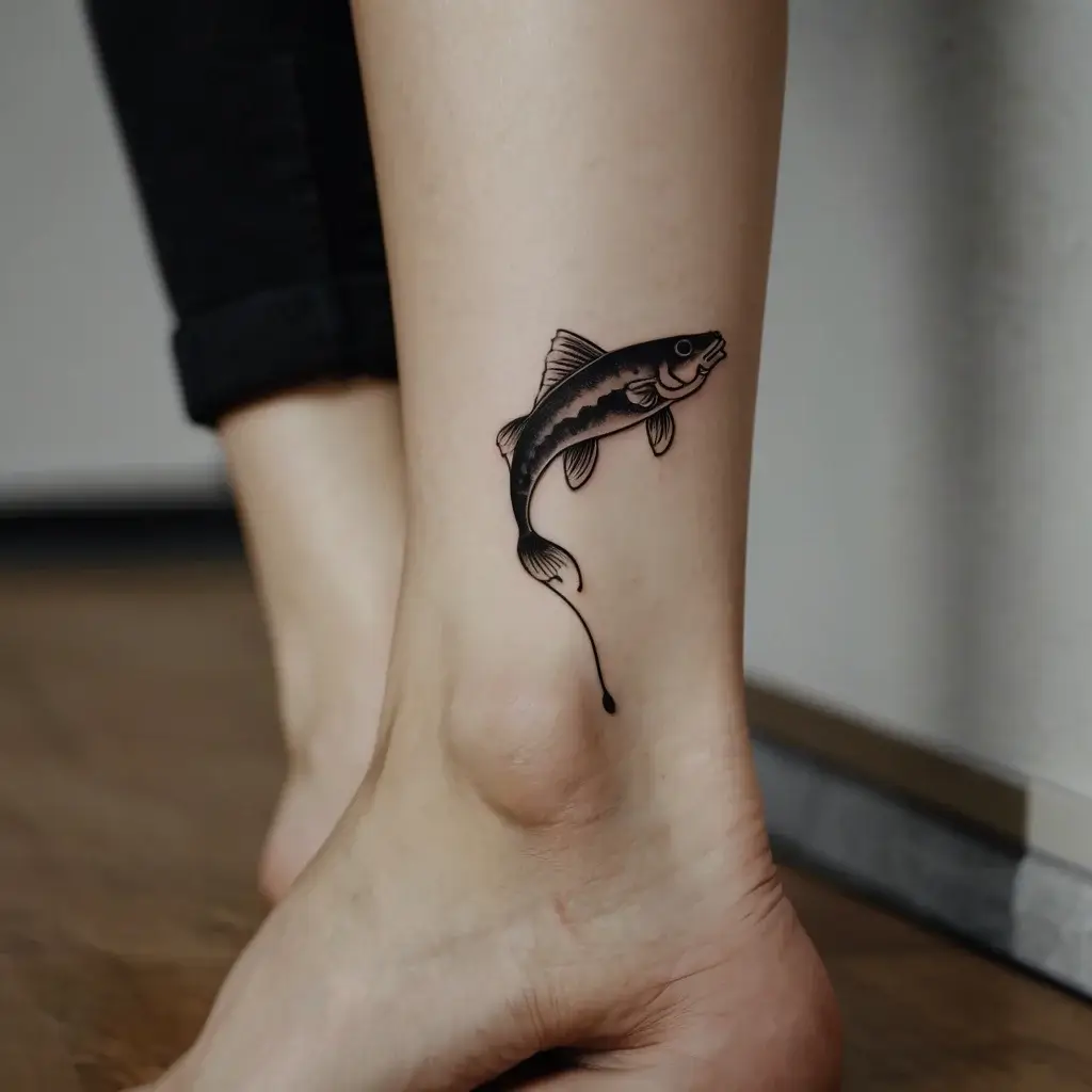 Tattoo of a stylized fish in black ink, elegantly arched on the lower leg, emphasizing sleek lines and fluid movement.