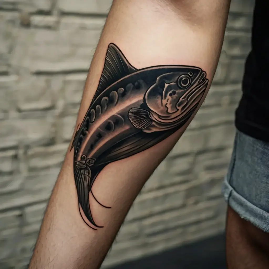 Realistic fish tattoo on leg, featuring smooth shading, intricate fin details, and a slight gradient for a 3D effect.