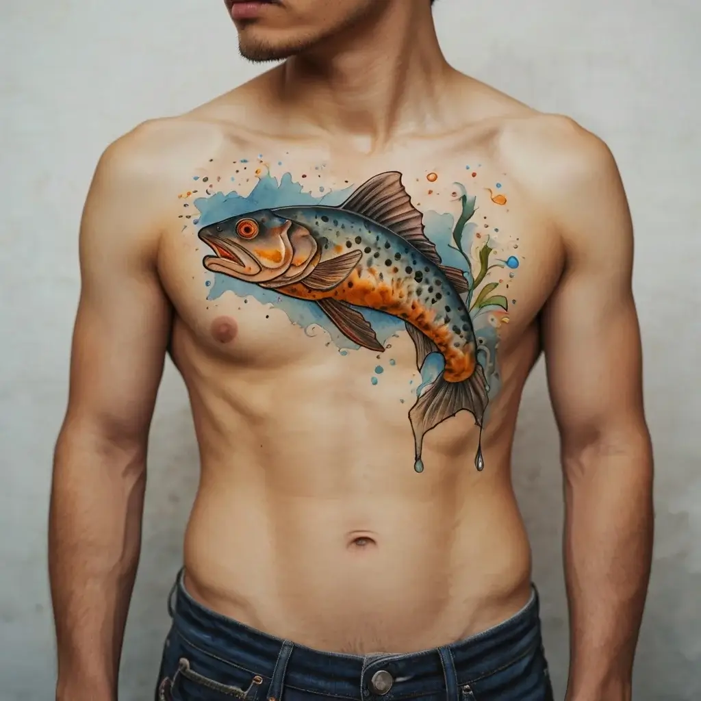 A vibrant chest tattoo of a leaping fish with splashes of blue water and green accents, blending realism with watercolor style.