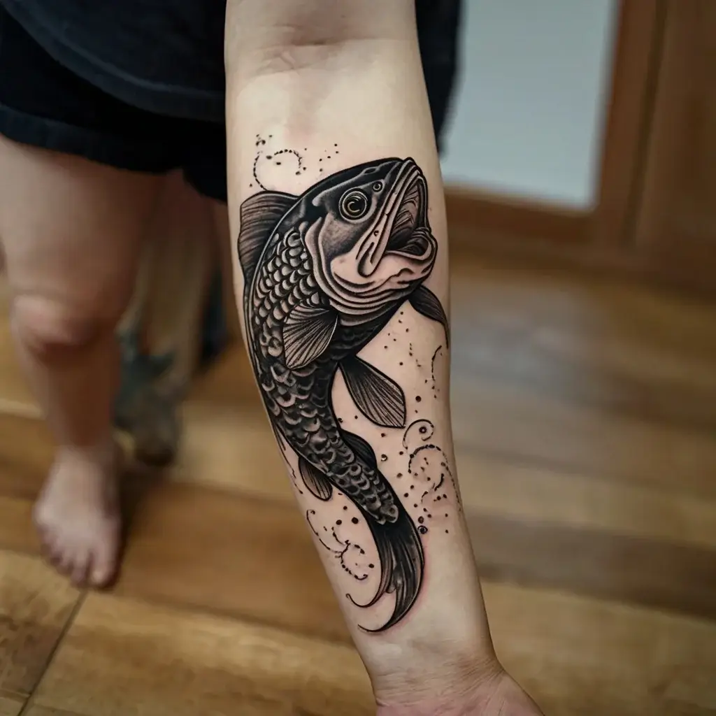 Detailed black and grey koi fish tattoo on forearm, with intricate scales and swirling water accents.