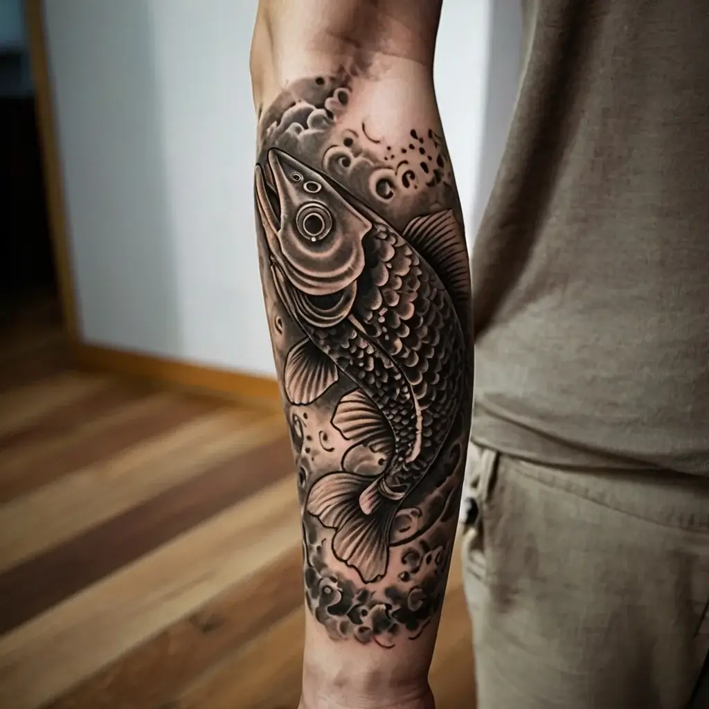 Detailed black and grey koi fish tattoo on forearm, surrounded by swirling water and bubbles, symbolizing perseverance.