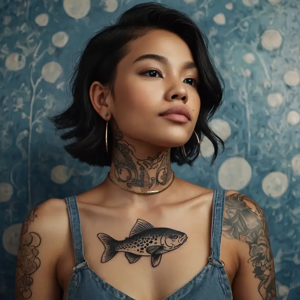 A detailed black ink fish tattoo on chest, amidst floral designs on neck and arms, creating an elegant aquatic theme.