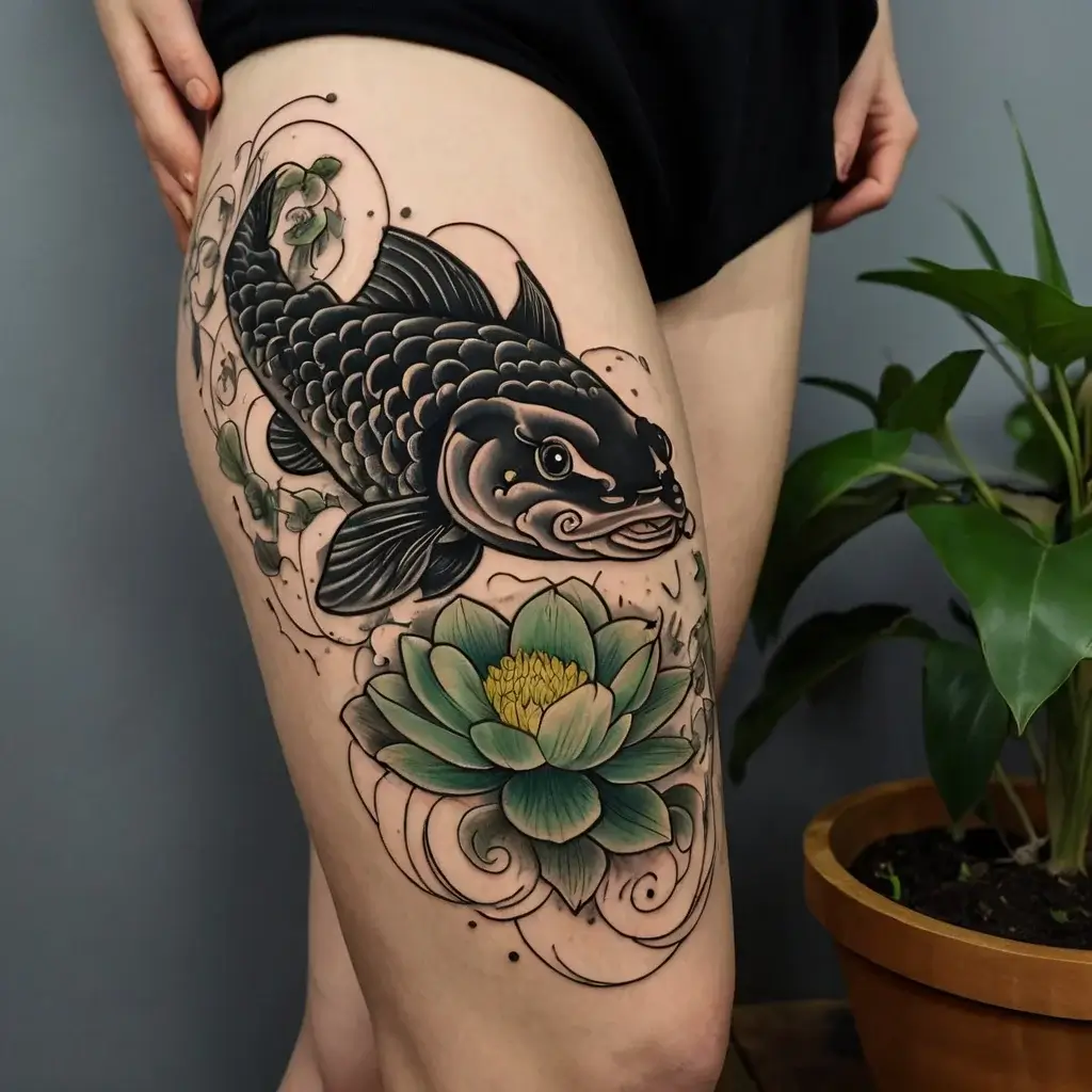 Tattoo features a stylized black koi fish swimming past a vibrant green lotus flower, symbolizing strength and rebirth.