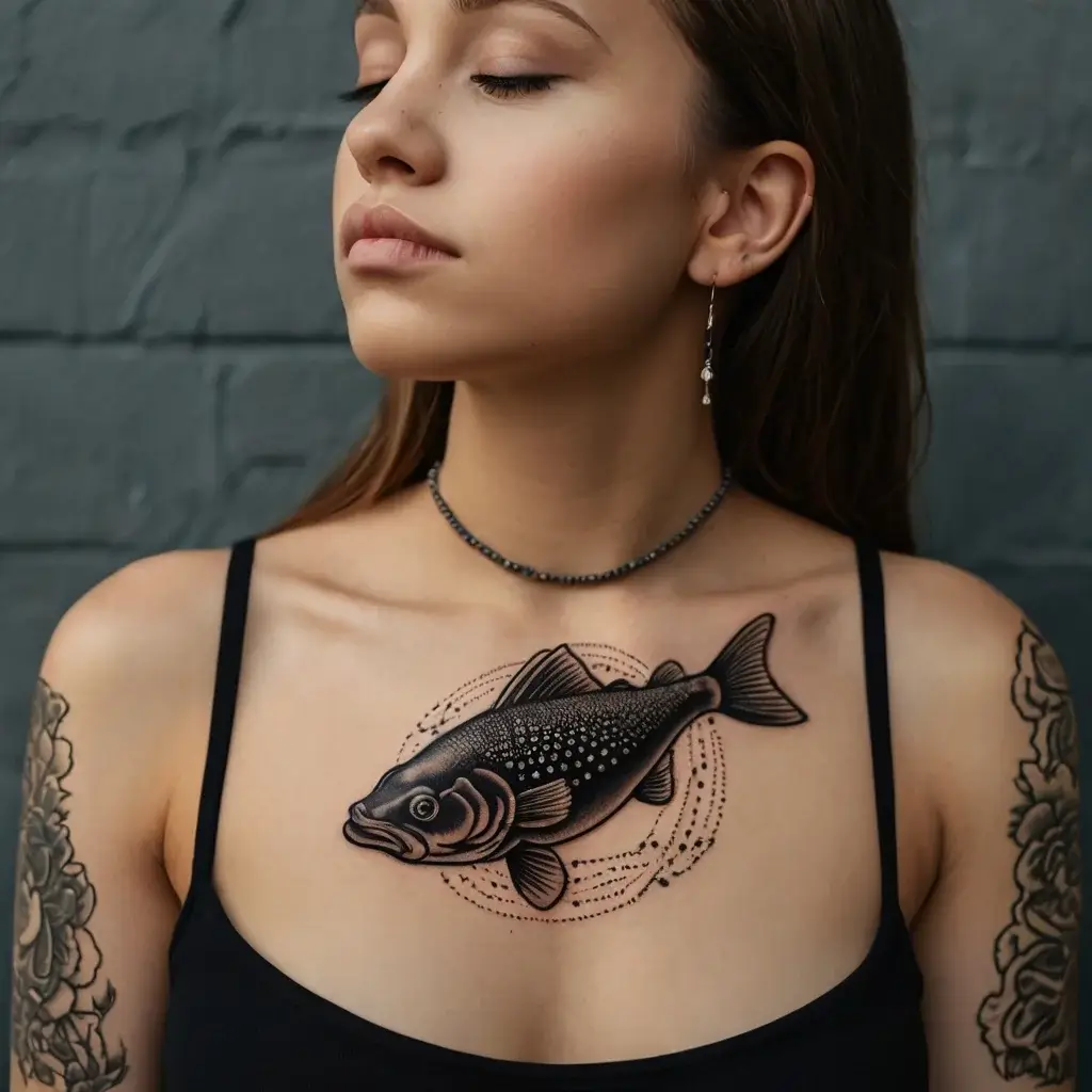 Tattoo of a koi fish on the chest with dotwork details, surrounded by a circular geometric design, symbolizing strength.