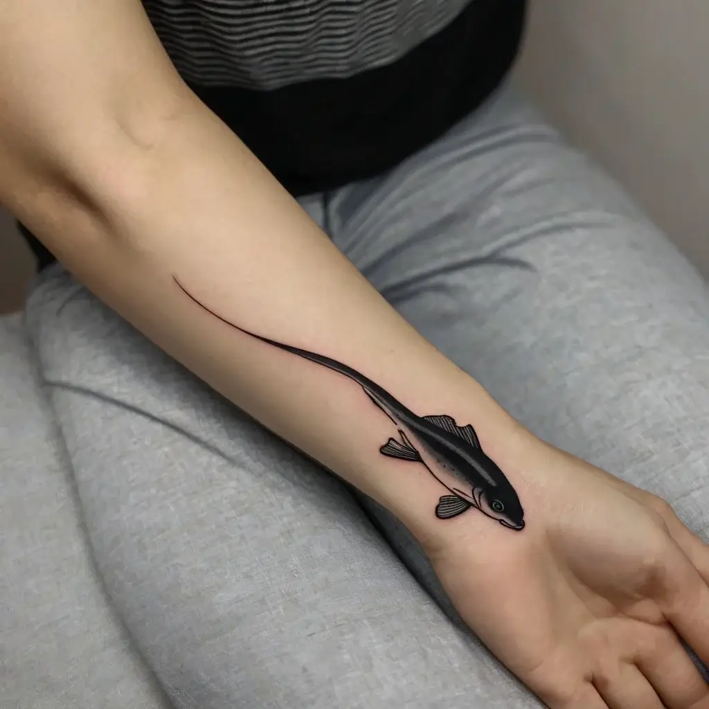 Tattoo of a sleek black catfish with elongated tail, detailing dynamic flow, placed on the forearm.