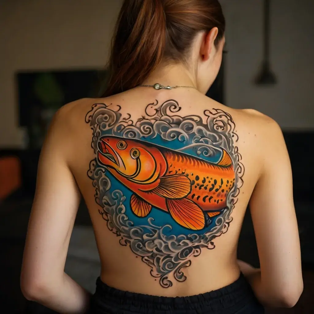 Back tattoo of vibrant orange fish with black spots, surrounded by swirling grey clouds on a blue background.