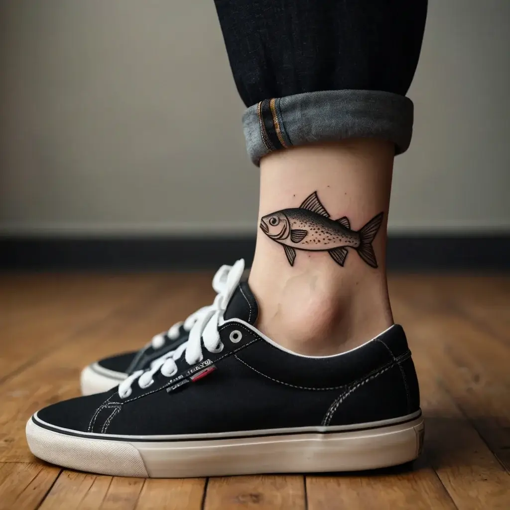 Tattoo of a detailed fish in black and gray ink on the ankle, symbolizing adaptability and flow.