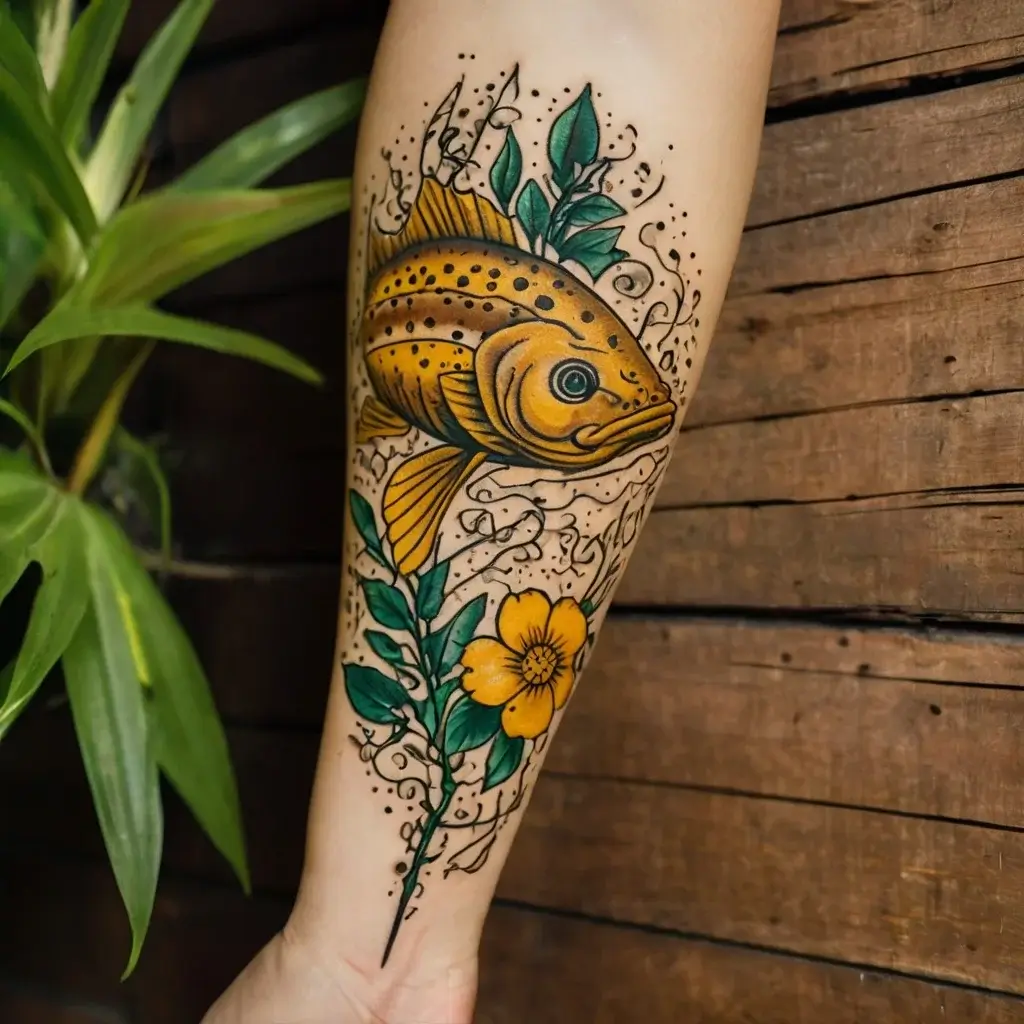 Colorful tattoo of a vibrant yellow fish with green leaves and a yellow flower, detailed with black accents and swirls.