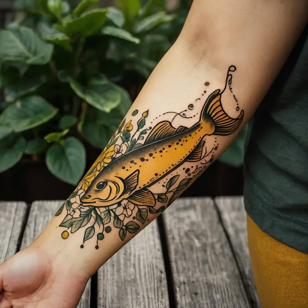 A vibrant tattoo of a golden fish intertwined with white flowers and green leaves on the forearm, symbolizing prosperity.