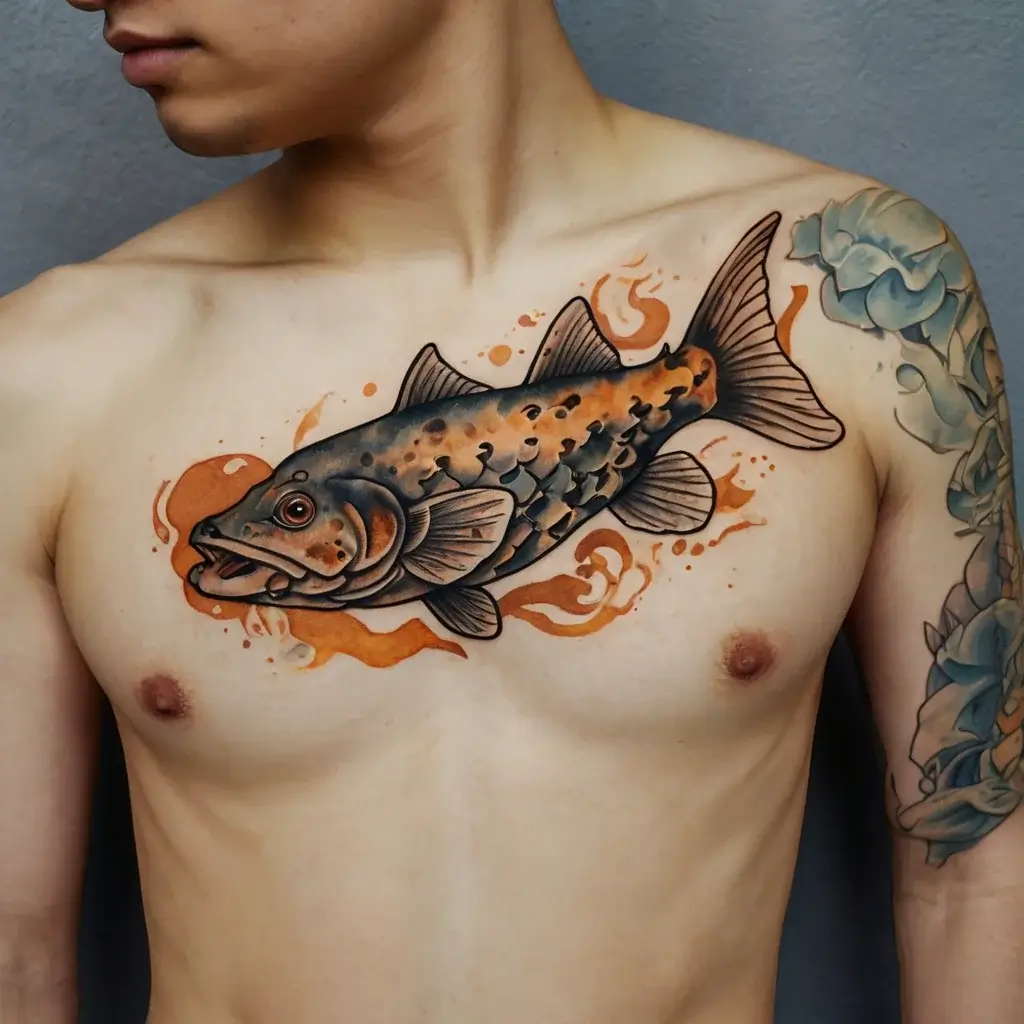 Detailed koi fish tattoo with orange splashes, symbolizing strength and perseverance, across the chest.