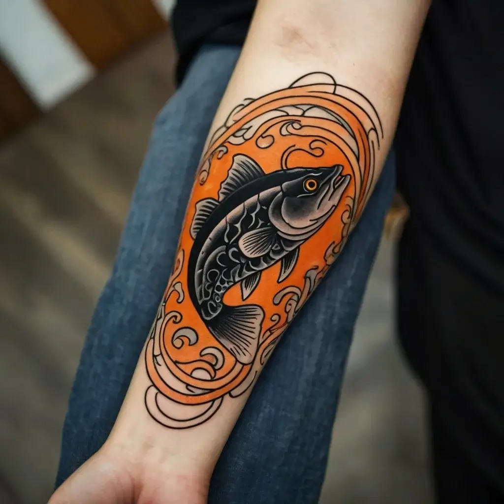 Tattoo of a detailed black koi fish on orange background with swirling black lines, symbolizing strength and resilience.