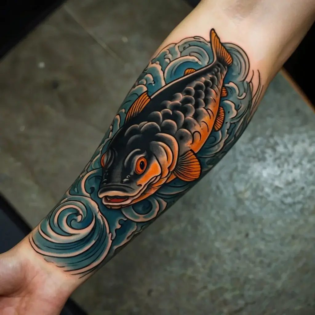 Traditional koi fish tattoo with vibrant orange and black scales, swimming through stylized blue waves on the forearm.