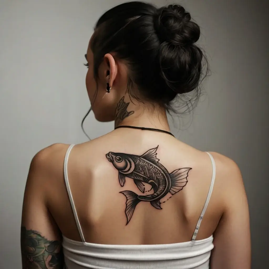 Tattoo of a detailed koi fish on the upper back, symbolizing strength and perseverance, with intricate black shading.