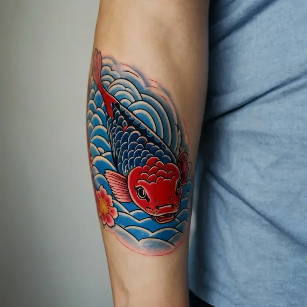 Colorful koi fish tattoo with waves, red and blue hues, and a flower; symbolizes strength and perseverance.