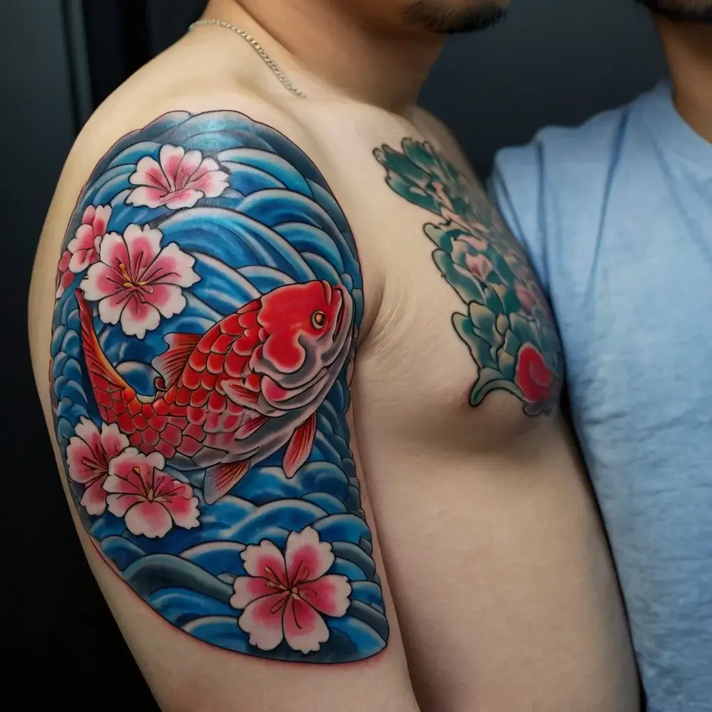 Colorful koi fish swimming among pink cherry blossoms with blue waves on the arm and shoulder.