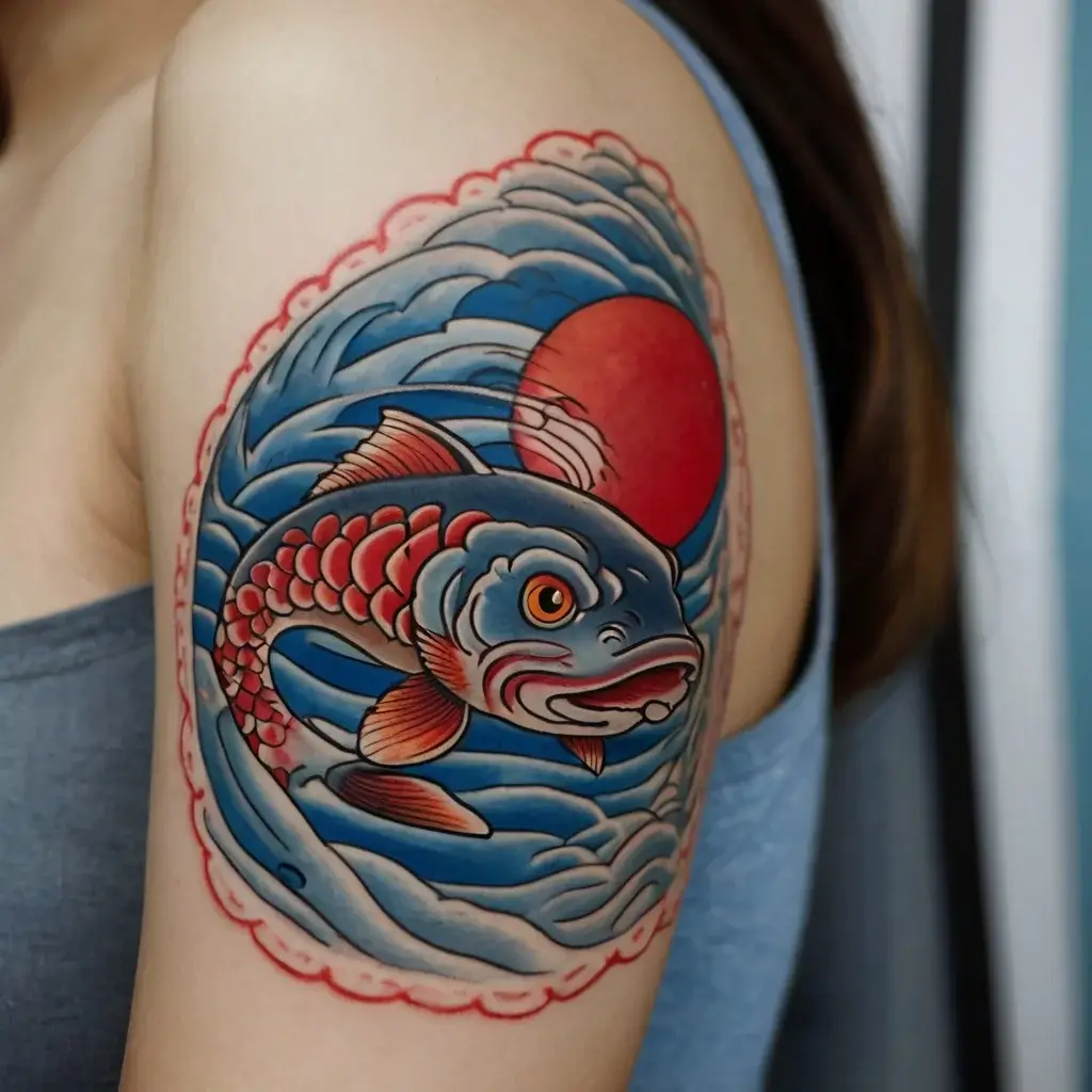 Tattoo of a vibrant koi fish swimming through stylized waves, with a red sun in the background, symbolizing strength and perseverance.