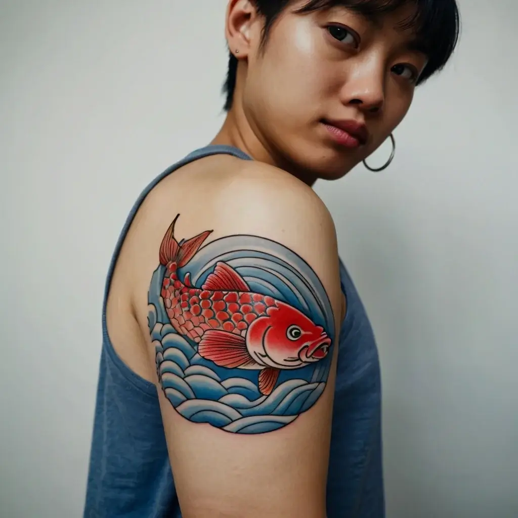 Red koi fish tattoo on upper arm with vibrant scales, swimming through stylized blue waves, symbolizing perseverance.