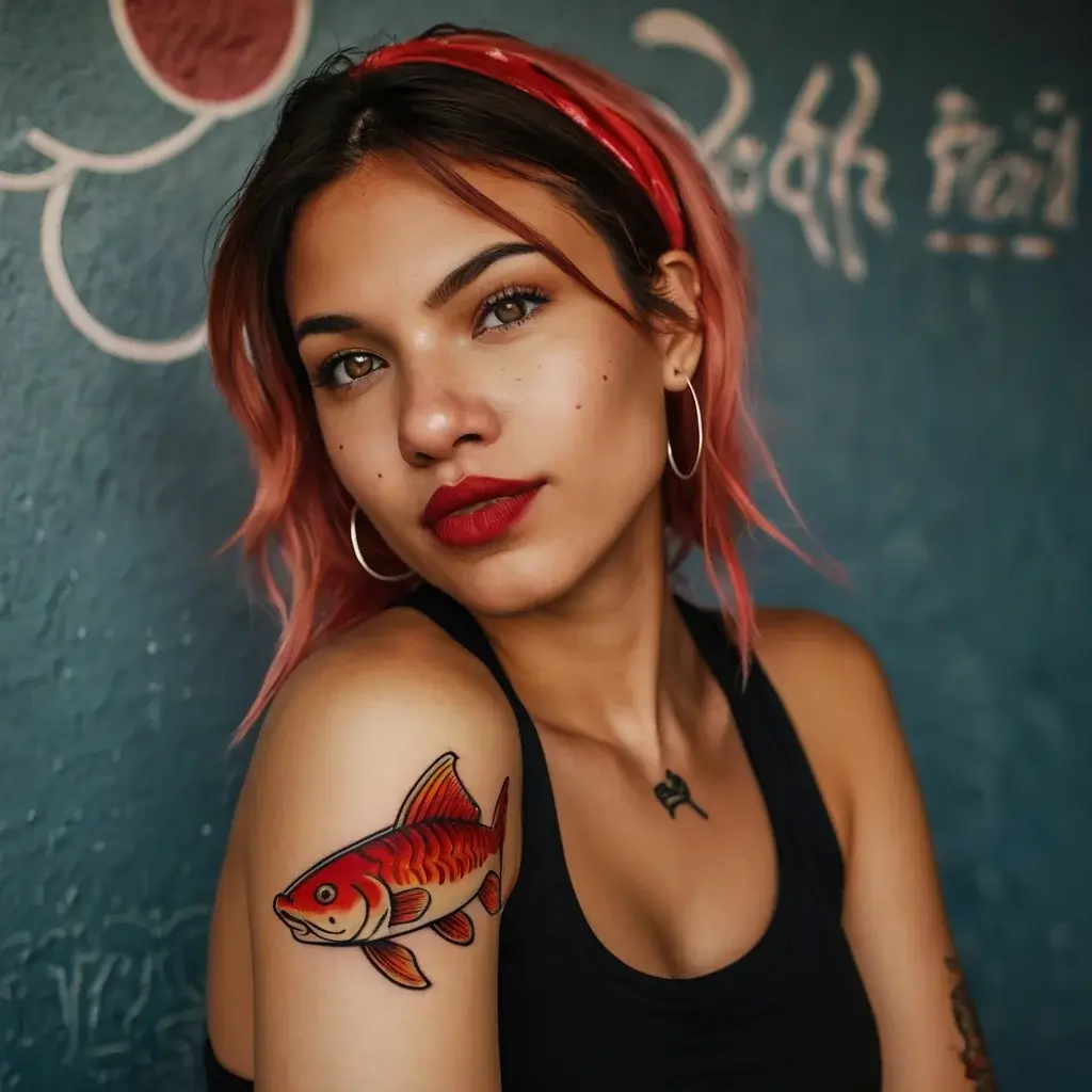 A vibrant koi fish tattoo on the upper arm, detailed in orange and red hues, symbolizes perseverance and strength.