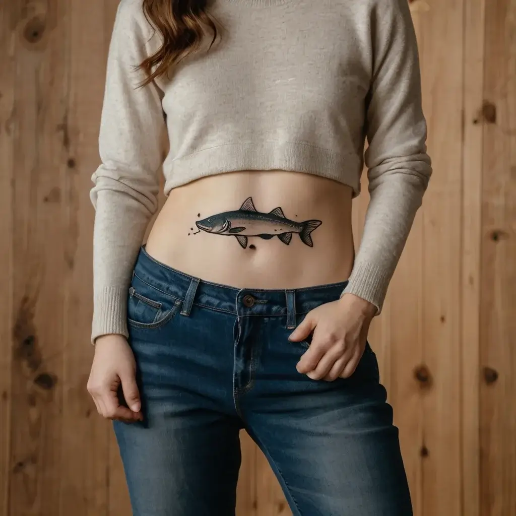 Bold blackwork tattoo of a stylized fish swimming across the abdomen, highlighted with geometric shading and dots.