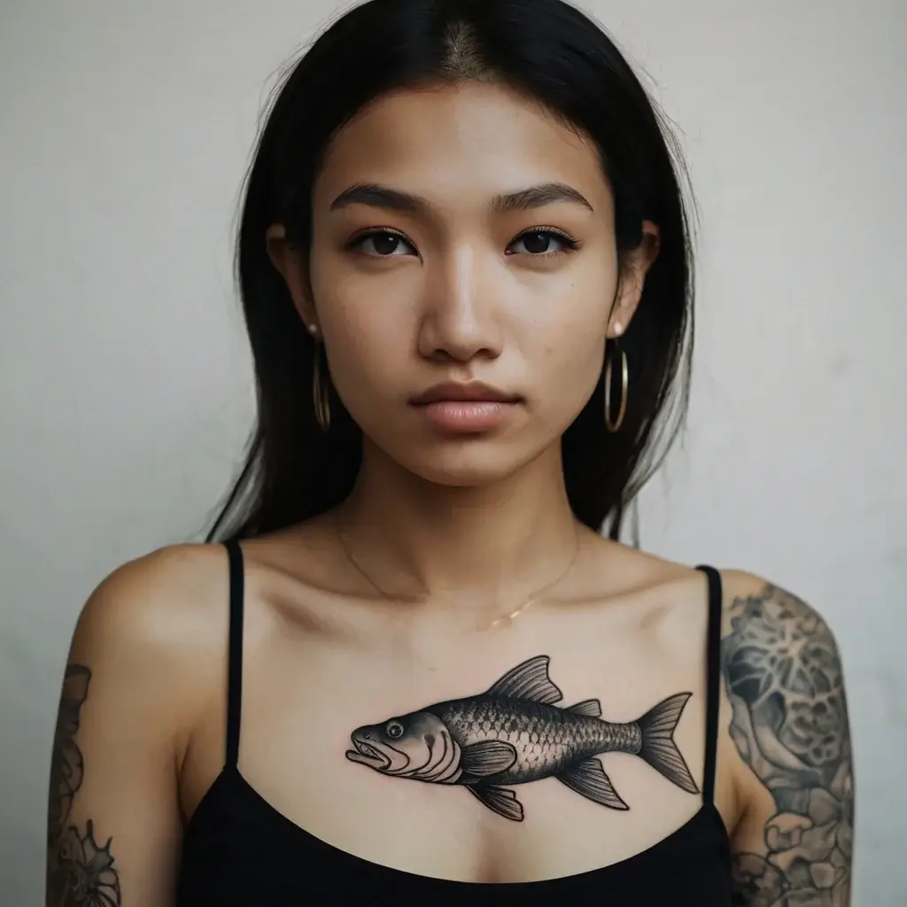 Chest tattoo of a detailed, realistic fish with intricate scales, surrounded by floral arm tattoos, symbolizing nature's harmony.