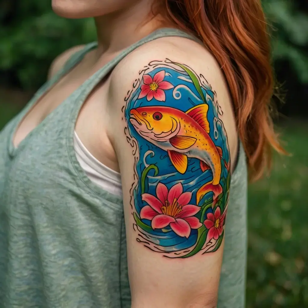 Vibrant koi fish tattoo with pink flowers, surrounded by swirling blue water on the upper arm.