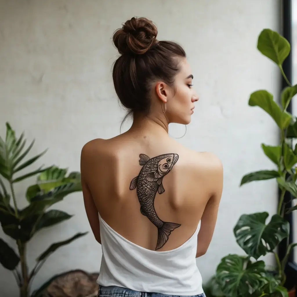 A black ink koi fish tattoo on upper back, symbolizing perseverance and strength, with intricate scales and fins.