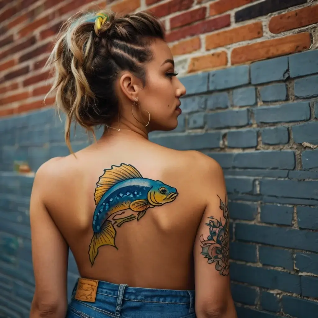 A vibrant blue and yellow fish tattoo on her back, paired with a floral design on her upper arm, each full of detail.