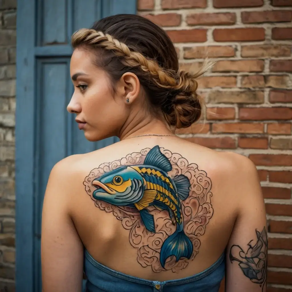 A vibrant koi fish tattoo on the back with blue and yellow hues, surrounded by intricate swirl patterns.