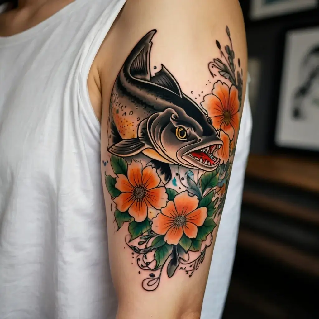 A vibrant tattoo of a fierce fish paired with orange flowers, showcasing dynamic movement and detailed shading on the arm.