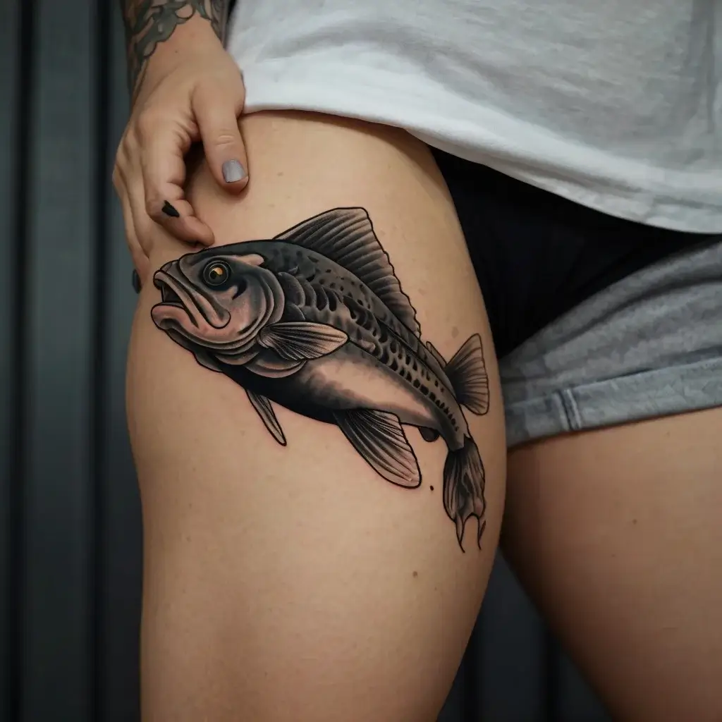 Realistic black and grey fish tattoo on thigh, showcasing intricate scale details and dynamic shading.