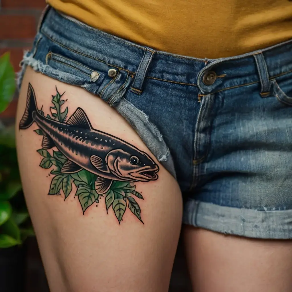 Fish tattoo on thigh with intricate shading, surrounded by green leaves, creating a vibrant, nature-inspired design.