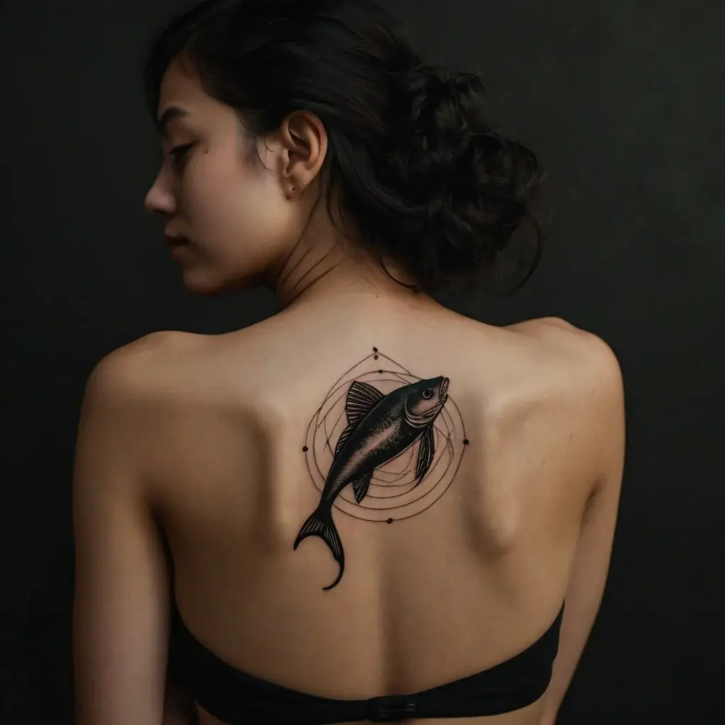 A realistic fish tattoo on the upper back, framed by geometric circles and dots, symbolizing balance and flow.