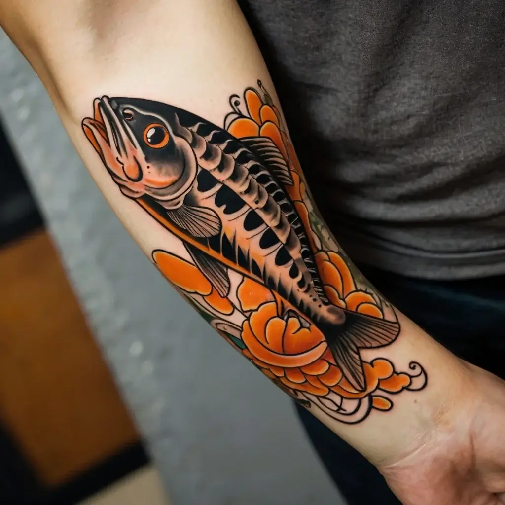 Tattoo of a stylized black carp with orange accents and floral background, blending traditional and modern elements.