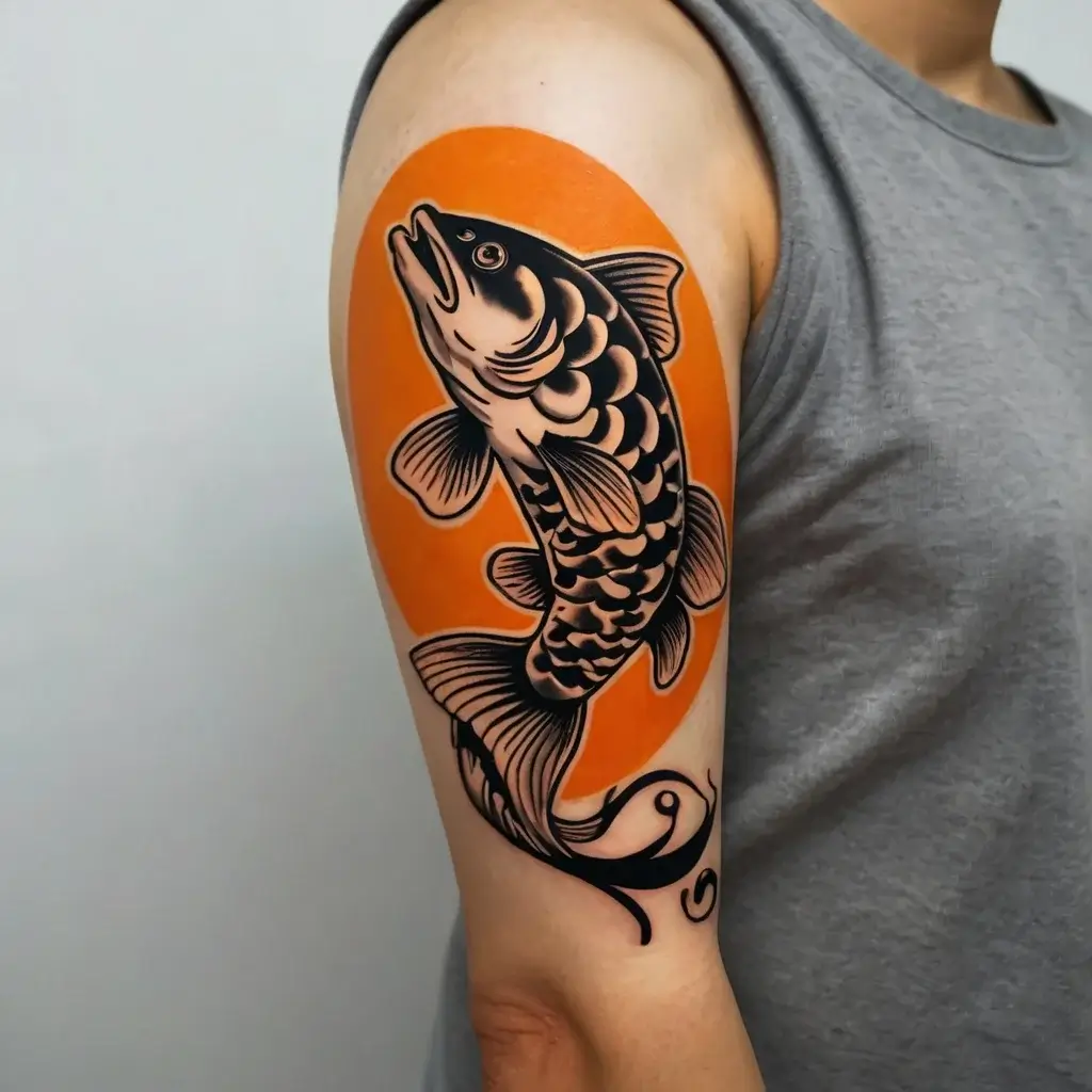 Tattoo of a bold black koi fish, outlined in white, set on an orange background, symbolizing strength and perseverance.